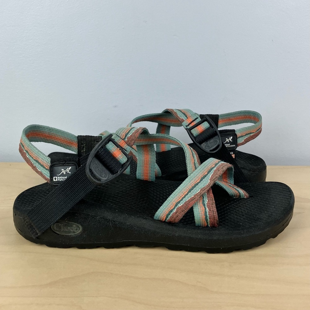 Chaco Women's Strappy Sandals in Black with Teal and Coral Straps - Picture 2 of 11